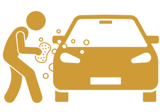 A person is washing a car with a sponge, surrounded by bubbles. The design features a simple, iconographic style on a black background.