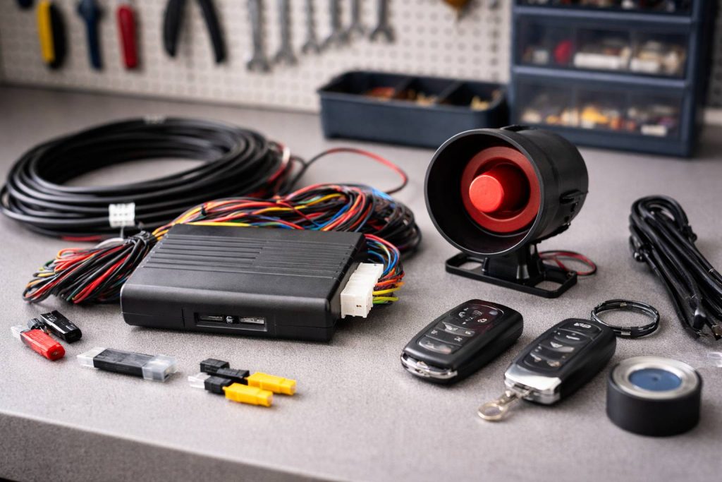 Car alarm installation components on workbench.