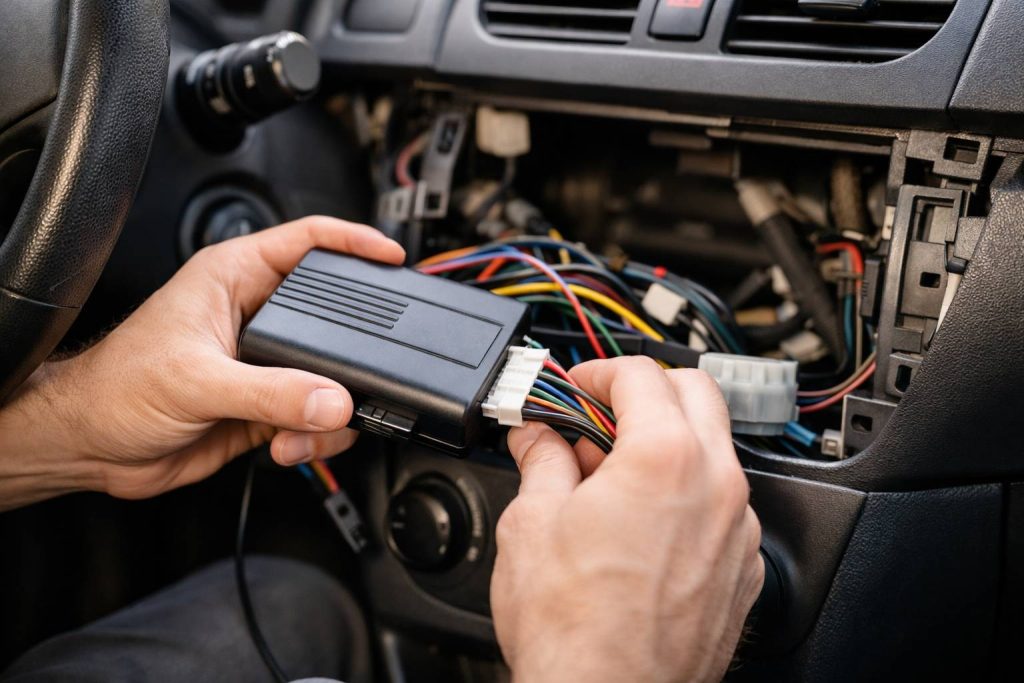 Car alarm installation in progress.